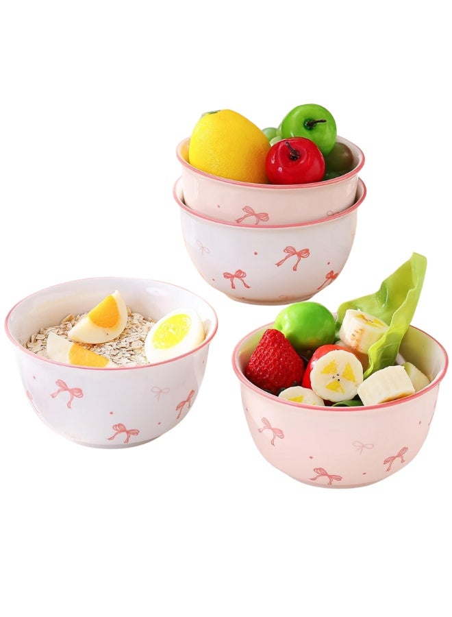 Elegant Small Porcelain Bowls Set of 4 – Feminine Coquette Style with Pink Bow Patterns and Tiny Dots, Stable Wide Base, Glossy Finish, Perfect for Dining, Snacks, Breakfast, Office or Gift - Image 1